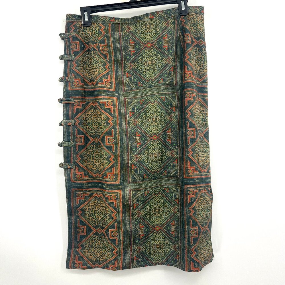 Tribal Print Green Red Midi Length Skirt Medium